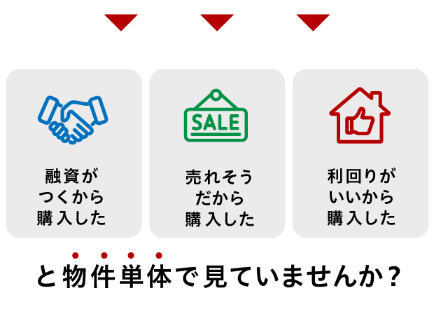 融資がつくから購入した/売れそうだから購入した/利回りがいいから購入した/と物件単体で見ていませんか？